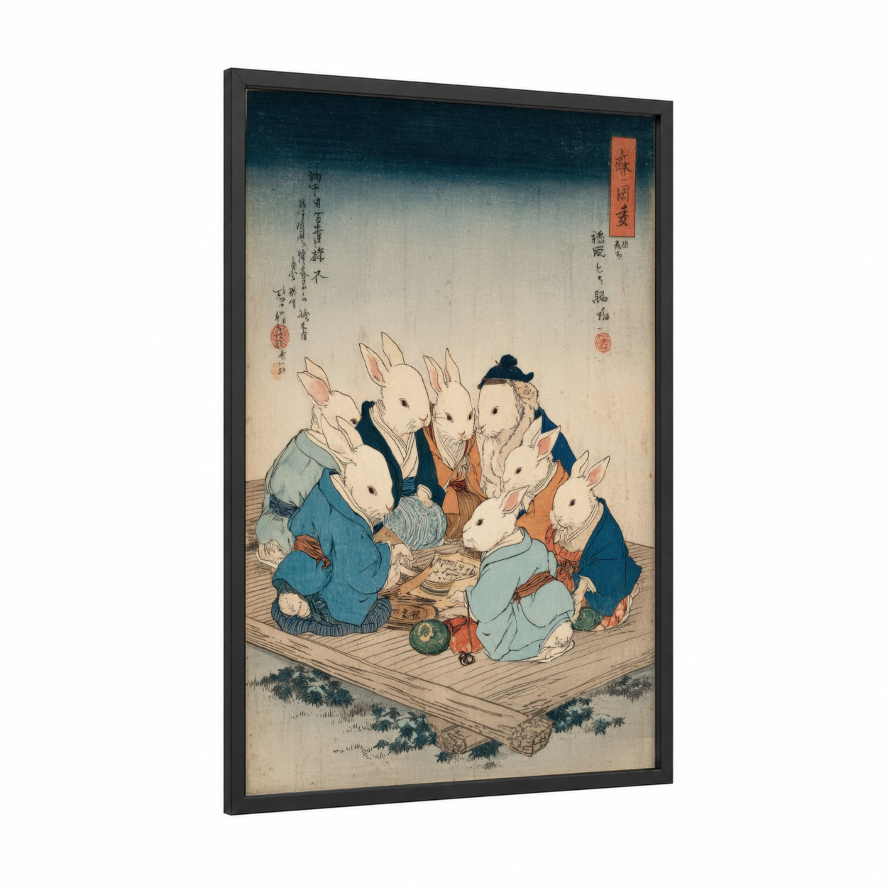 Anthropomorphic Rabbit Feast framed art print — black wood frame — teal and peach palette