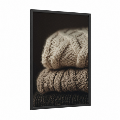 Cozy Knit Stack framed knitting and sewing print — black wood frame — beige and black and white palette