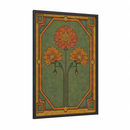 Art Deco Dahlia Floral Wall Art framed art print — black wood frame — orange and olive palette