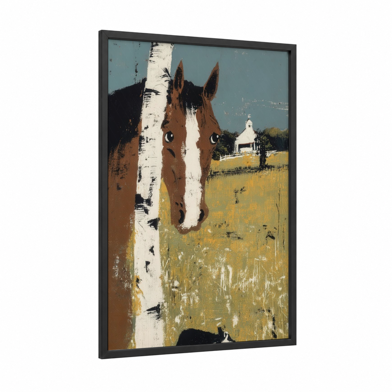 Pastoral Clydesdale framed clydesdale horse print — black wood frame — gold and blue palette