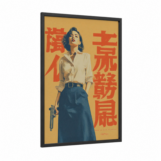 Noir Femme Fatale framed vintage japanese ads print — black wood frame — gold and red palette