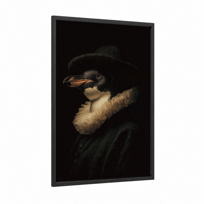 Elegant Penguin Portrait framed art print — black wood frame — black and cream palette