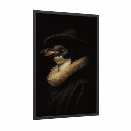 Elegant Penguin Portrait framed art print — black wood frame — black and cream palette