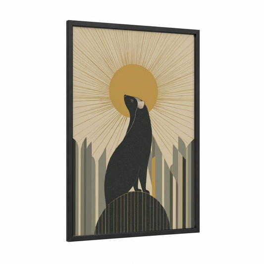 Celestial Raccoon framed art print — black wood frame — gold and cream palette
