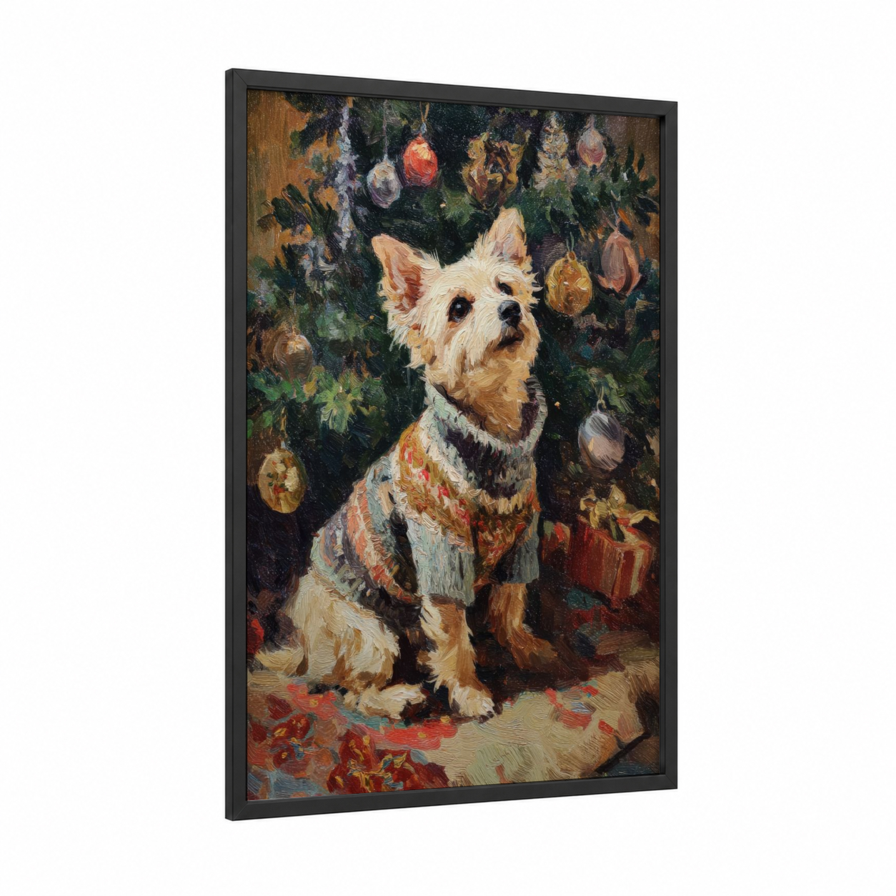 Festive Terrier framed art print — black wood frame — gold and cream palette
