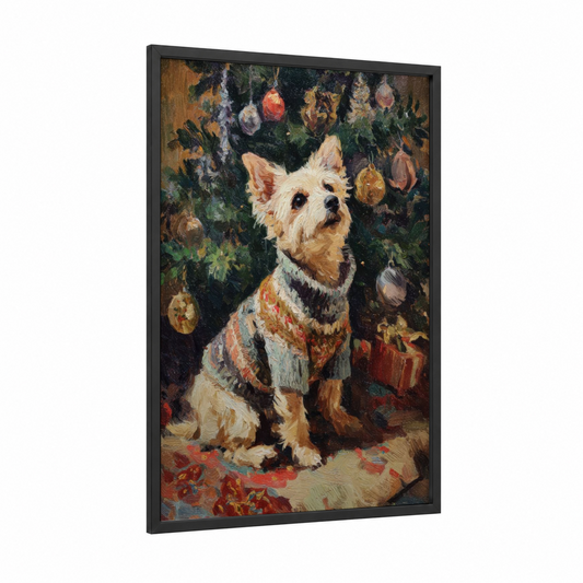 Festive Terrier framed art print — black wood frame — gold and cream palette