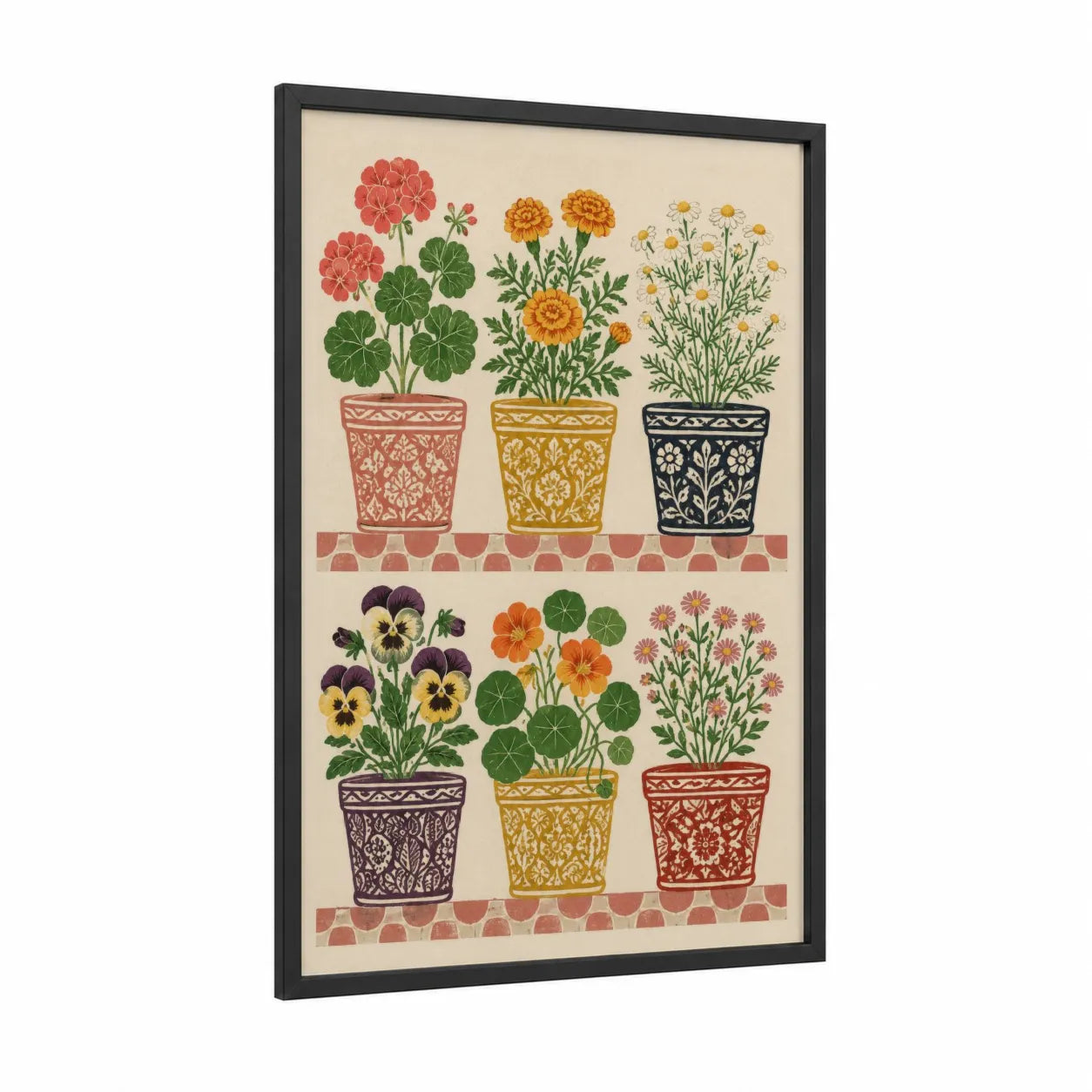Vintage Botanical Potted Flowers Wall Art framed geranium print — black wood frame — cream and mustard palette