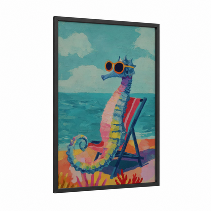 Sunbathing Seahorse framed sea horse print — black wood frame — teal and gold palette