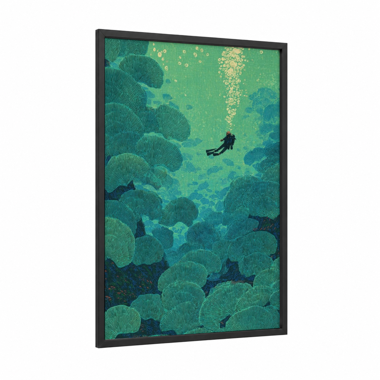 Coral Reef Diving framed art print — black wood frame — teal and gold palette