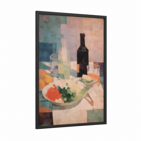 Colorful Salad Still Life framed art print — black wood frame — peach and sage green palette