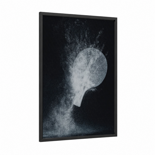 Powder Impact Rally framed table tennis print — black wood frame — black and white and gray palette