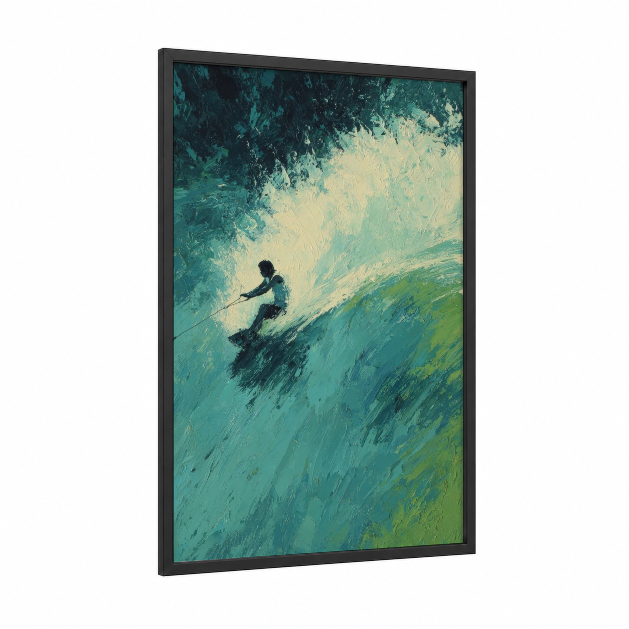 Turquoise Wave Rider framed wakeboarding print — black wood frame — teal and cream palette