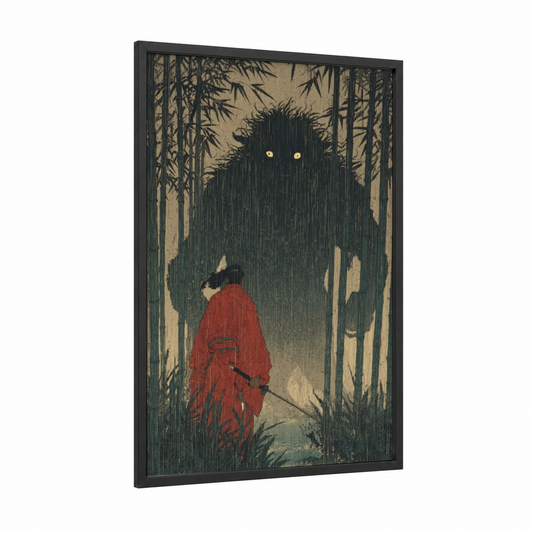 Forest Encounter framed dark fantasy print — black wood frame — black and gold and dark green palette