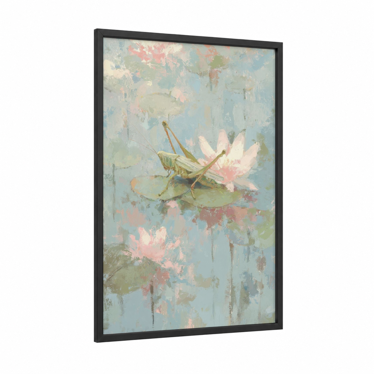 Lotus Grasshopper framed art print — black wood frame — blue and pink palette