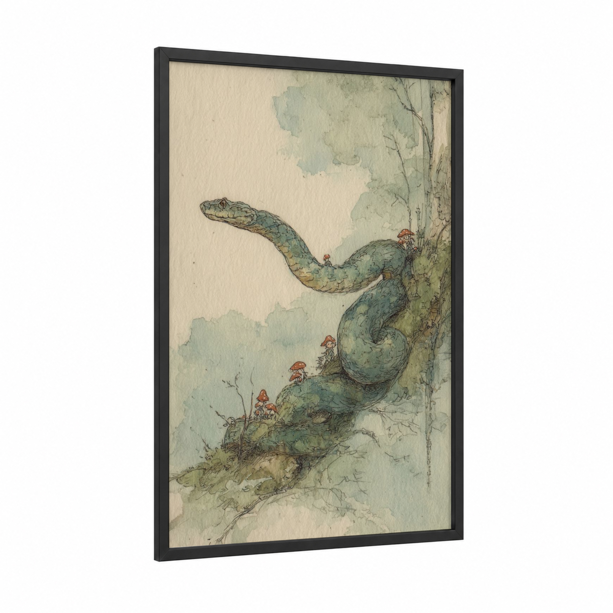 Garden Python framed art print — black wood frame — sage green and cream palette