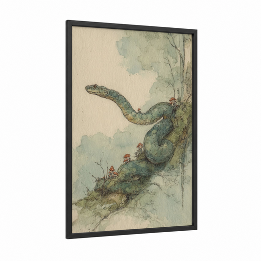 Garden Python framed art print — black wood frame — sage green and cream palette