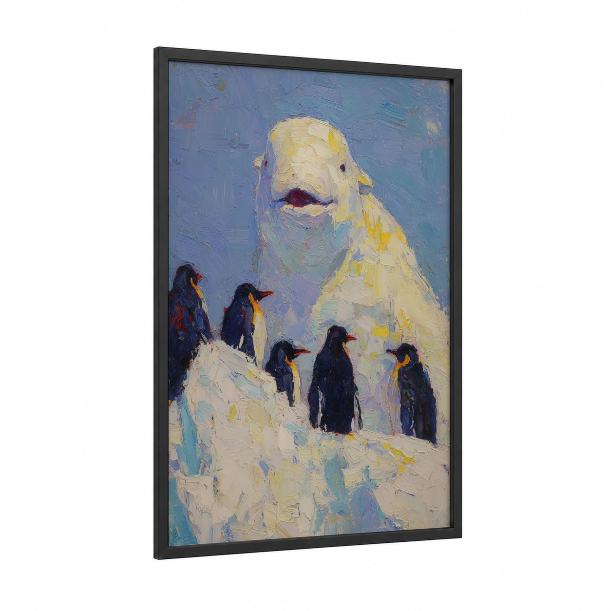 Arctic Beluga Family framed beluga whale print — black wood frame — blue and white palette