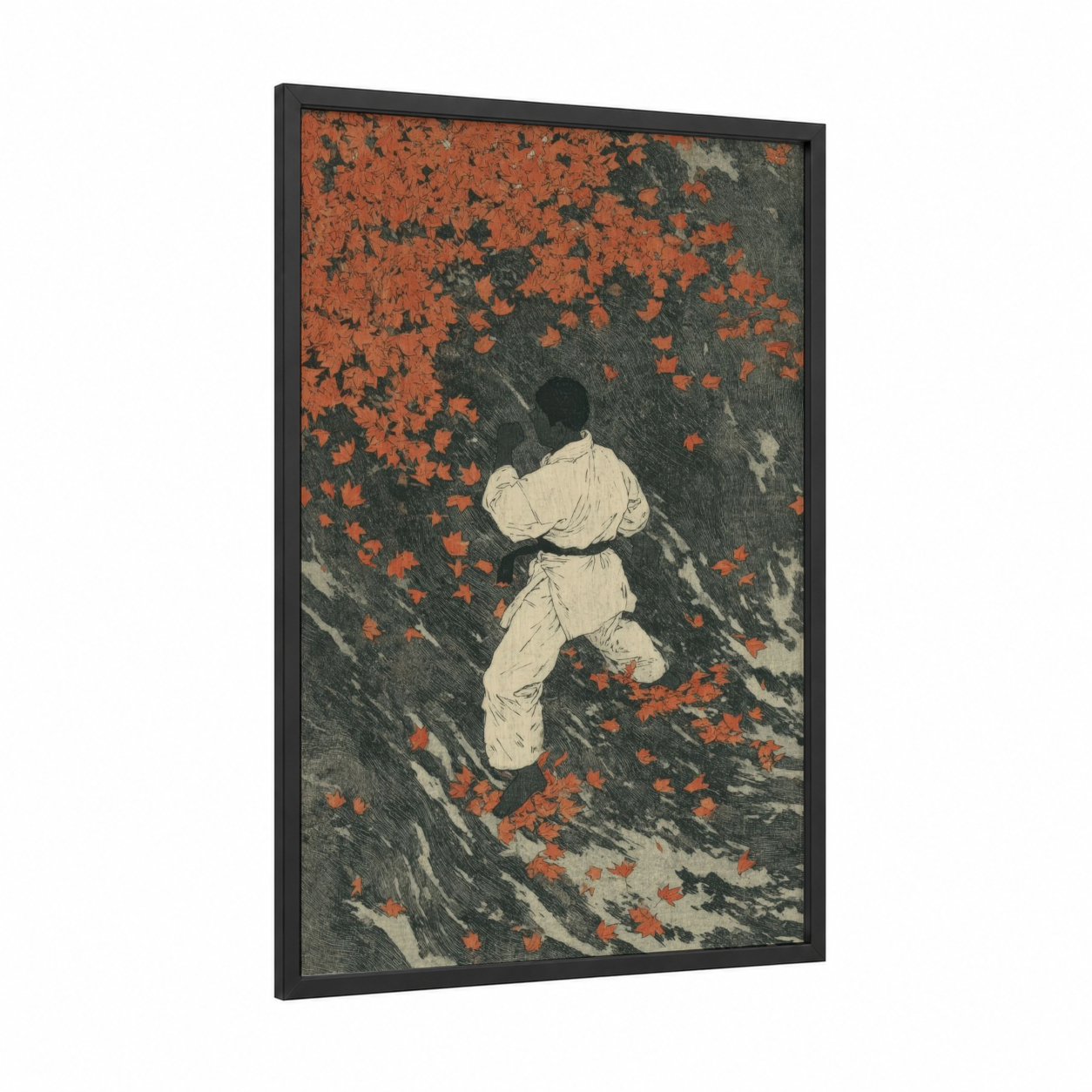 Autumn Karate framed art print — black wood frame — russet and gray palette