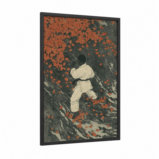 Autumn Karate framed art print — black wood frame — russet and gray palette