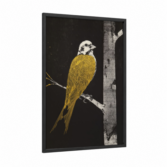 Golden Canary framed canaries print — black wood frame — gold and black and white palette