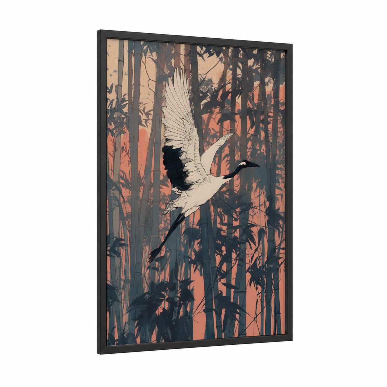 Crimson Crane Flight framed art print — black wood frame — orange and black and white palette