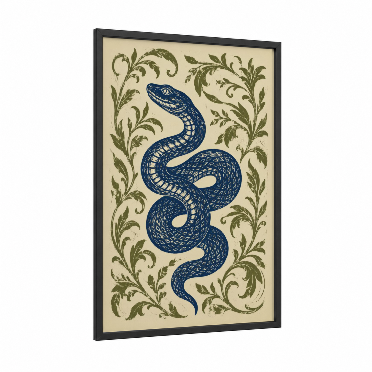 Blue Serpent with Botanical Scrollwork Wall Art framed snake print — black wood frame — blue and olive palette