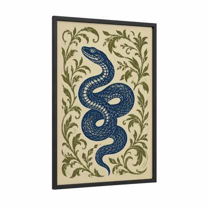 Blue Serpent with Botanical Scrollwork Wall Art framed snake print — black wood frame — blue and olive palette