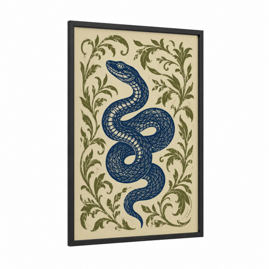 Blue Serpent with Botanical Scrollwork Wall Art framed snake print — black wood frame — blue and olive palette