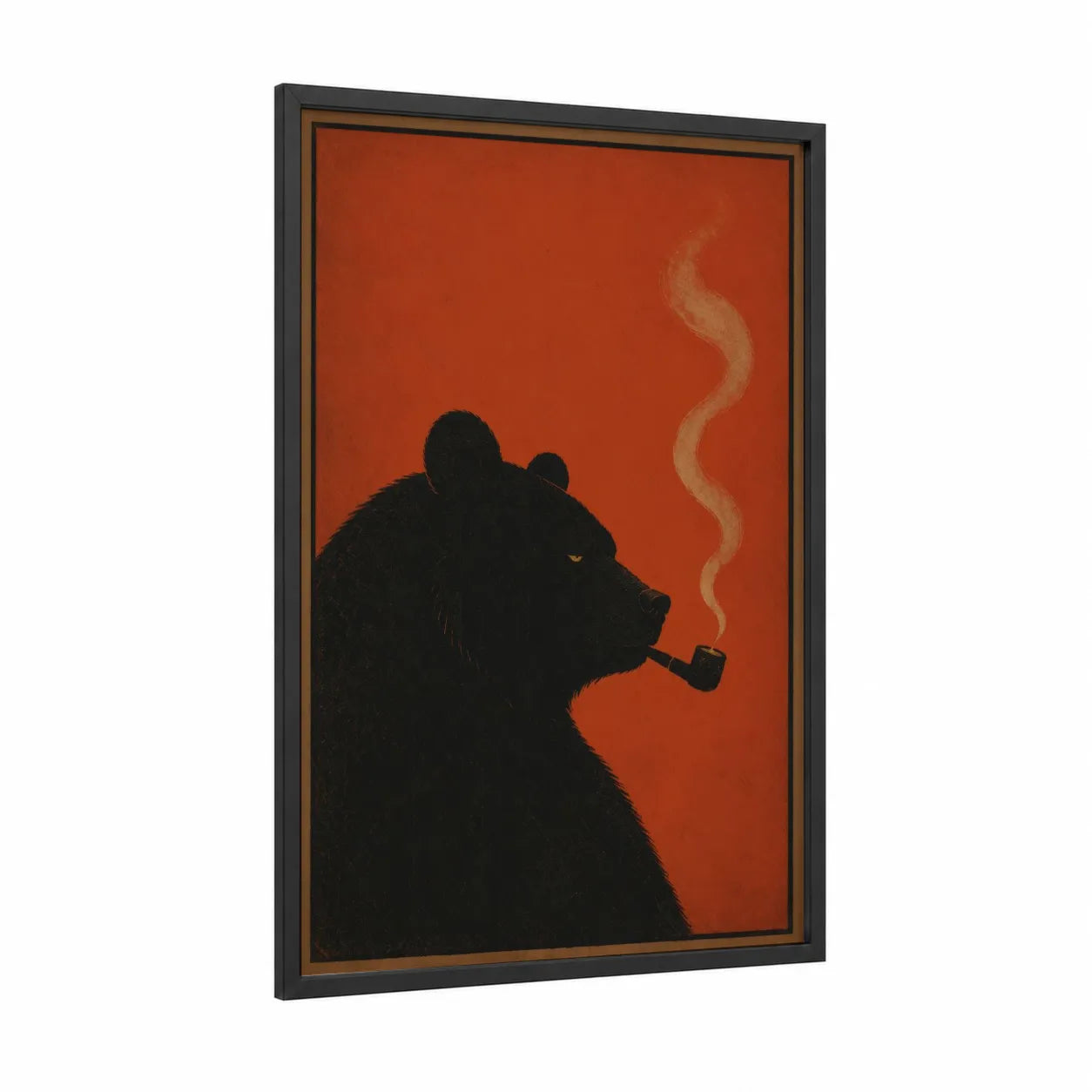 Smoking Bear Silhouette Wall Art framed art print — black wood frame — orange and black palette