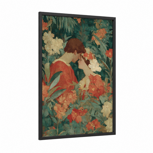Garden Romance framed groom and bride print — black wood frame — teal palette