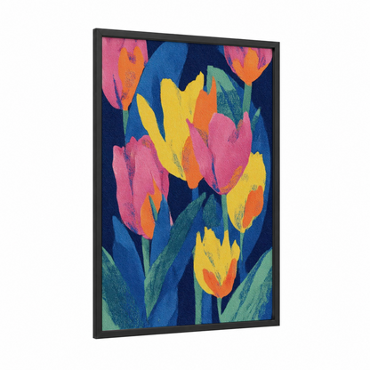 Vibrant Tulip Garden framed art print — black wood frame — magenta and yellow palette