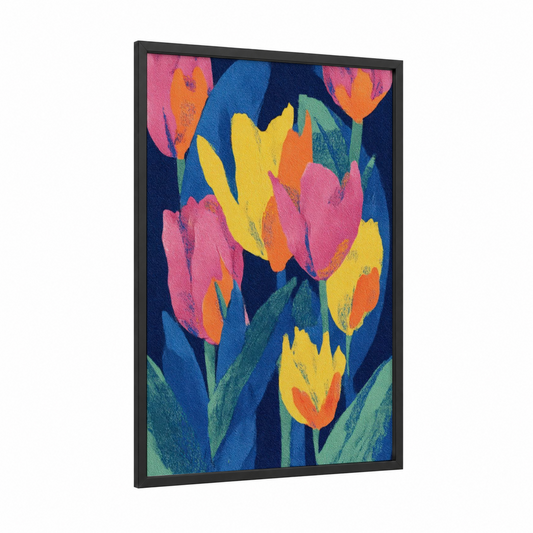 Vibrant Tulip Garden framed art print — black wood frame — magenta and yellow palette