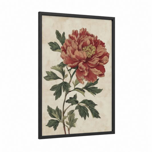 Crimson Peony Bloom framed art print — black wood frame — maroon and sage green palette