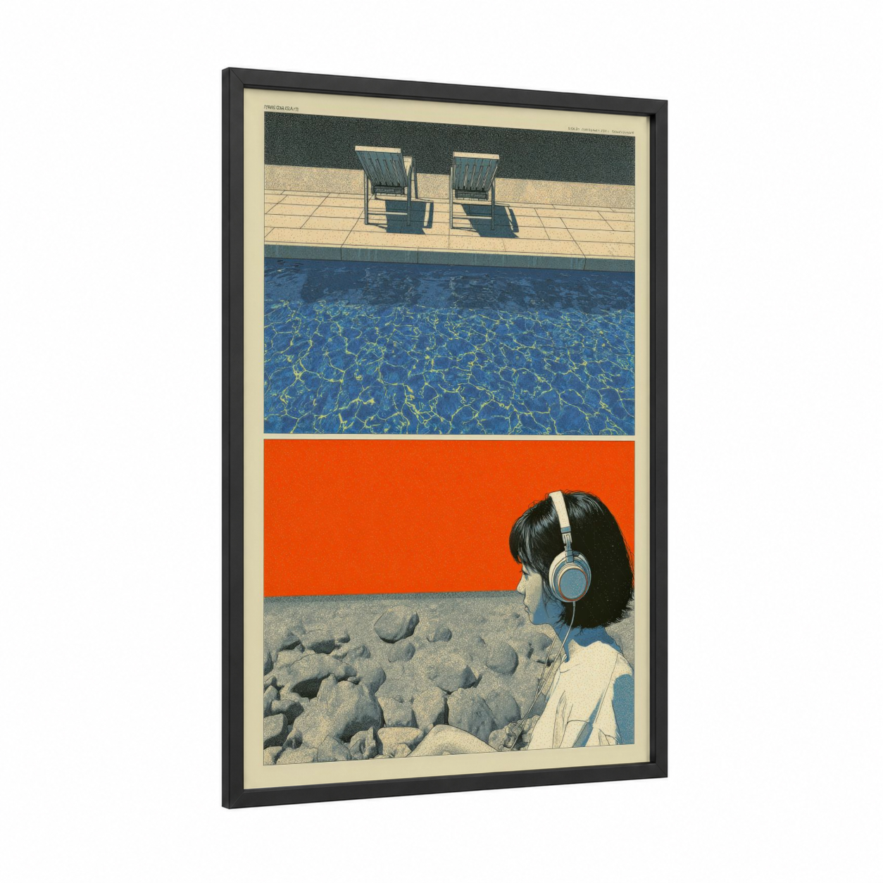 Poolside Listener framed japanese y2k print — black wood frame — orange and blue palette