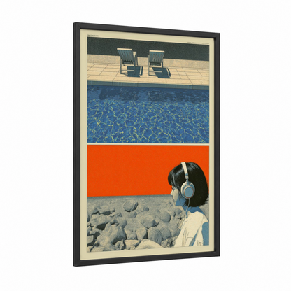 Poolside Listener framed japanese y2k print — black wood frame — orange and blue palette