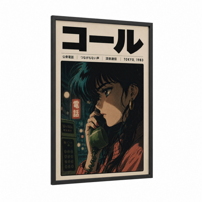 Retro Tokyo Phone Call Wall Art framed fashion illustration print — black wood frame — teal and beige palette