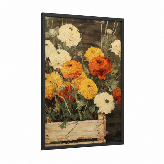 Sunset Ranunculus framed art print — black wood frame — gold and cream palette
