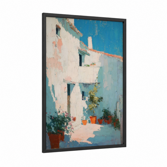 Weathered Courtyard framed masonry print — black wood frame — white and teal palette