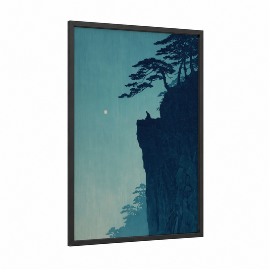 Cliff Summit framed rock climbing print — black wood frame — teal and dark blue palette