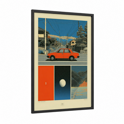 Retro Tokyo Street framed japanese y2k print — black wood frame — red and blue palette