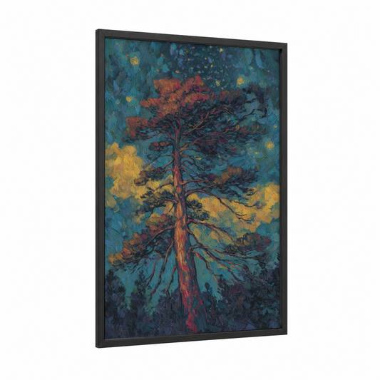 Crimson Cypress Dawn framed cypress tree print — black wood frame — teal and gold palette