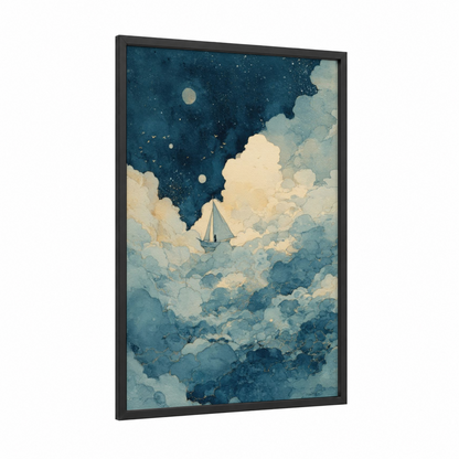 Starlit Voyage framed sailing ship print — black wood frame — blue and white and gold palette