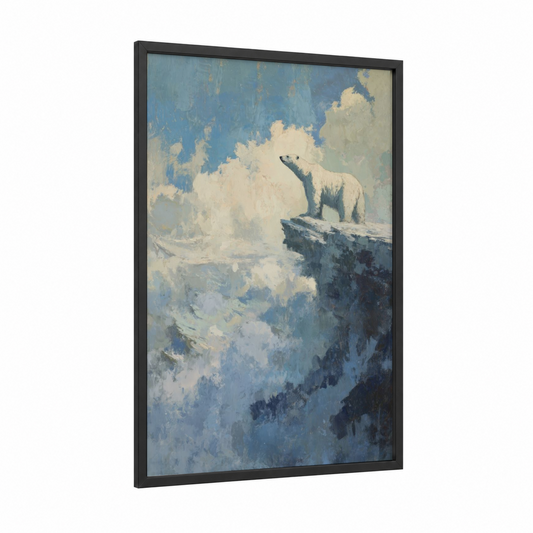 Snowy Polar Bear framed art print — black wood frame — blue and white and cream palette
