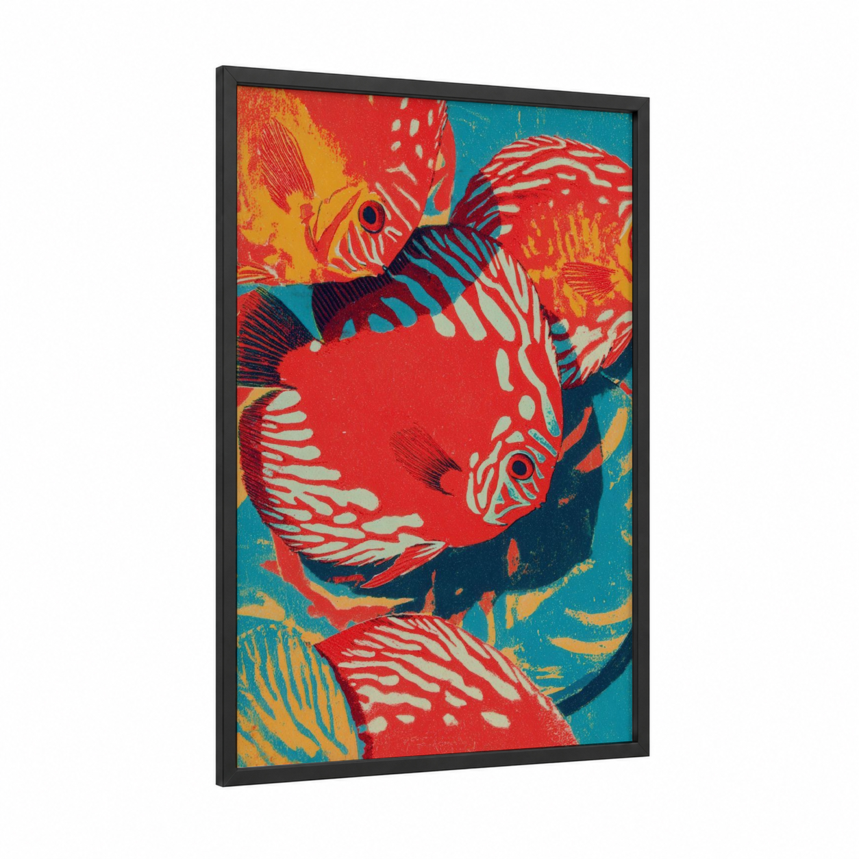 Vibrant Discus Trio framed discus fish print — black wood frame — red and teal palette
