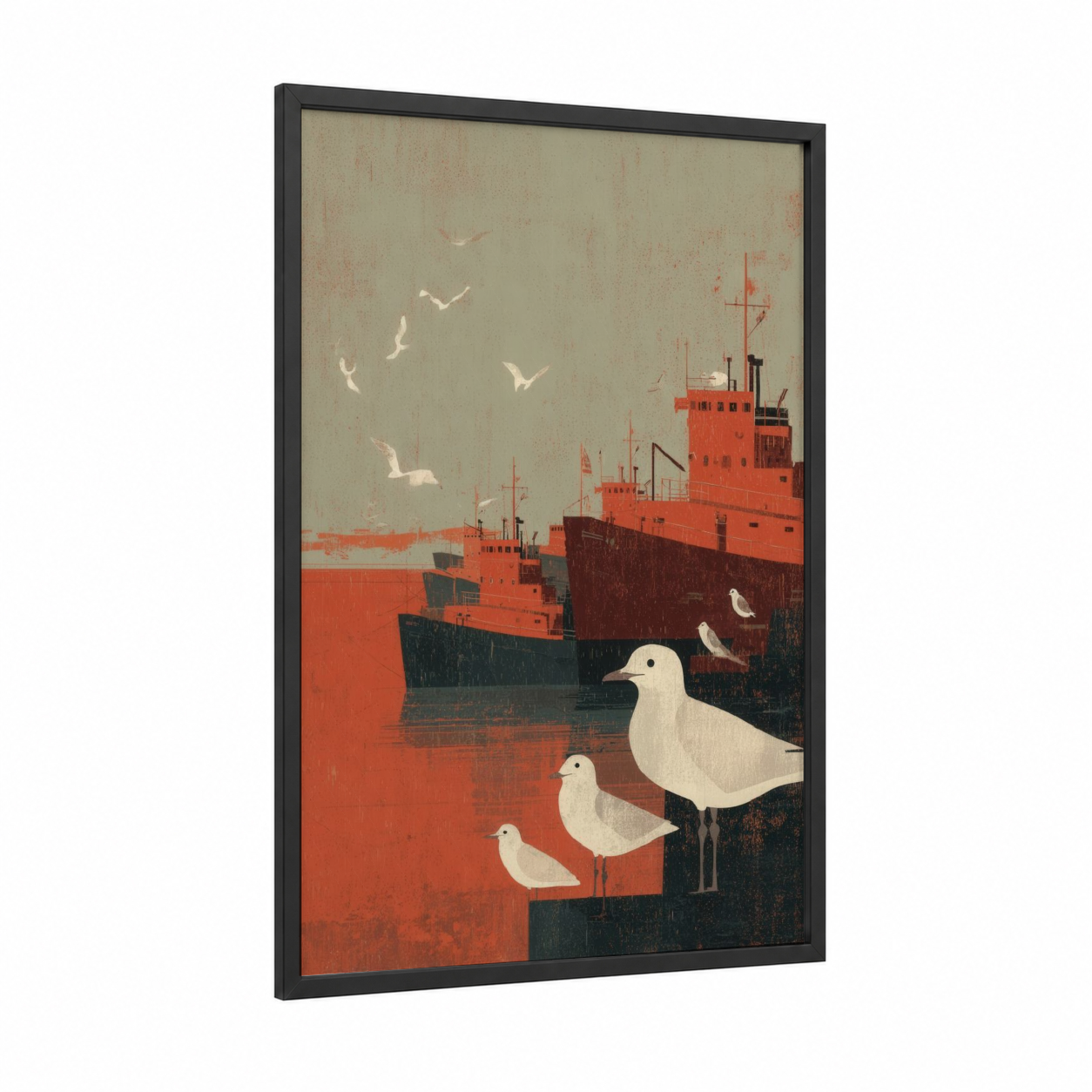 Industrial Harbor framed port print — black wood frame — red and black and white palette