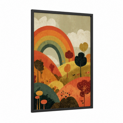 Autumn Rainbow Valley framed art print — black wood frame — orange and gold palette