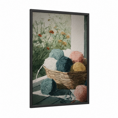Yarn Basket Garden framed knitting and sewing print — black wood frame — sage green and peach palette