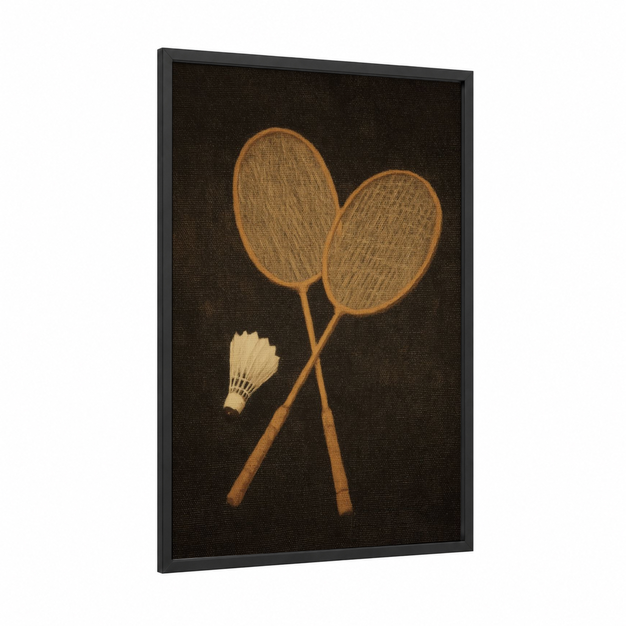 Vintage Badminton framed art print — black wood frame — gold and black palette