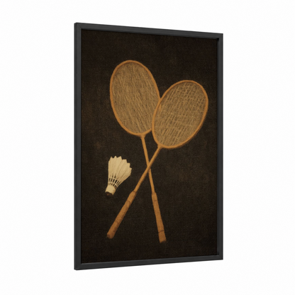 Vintage Badminton framed art print — black wood frame — gold and black palette