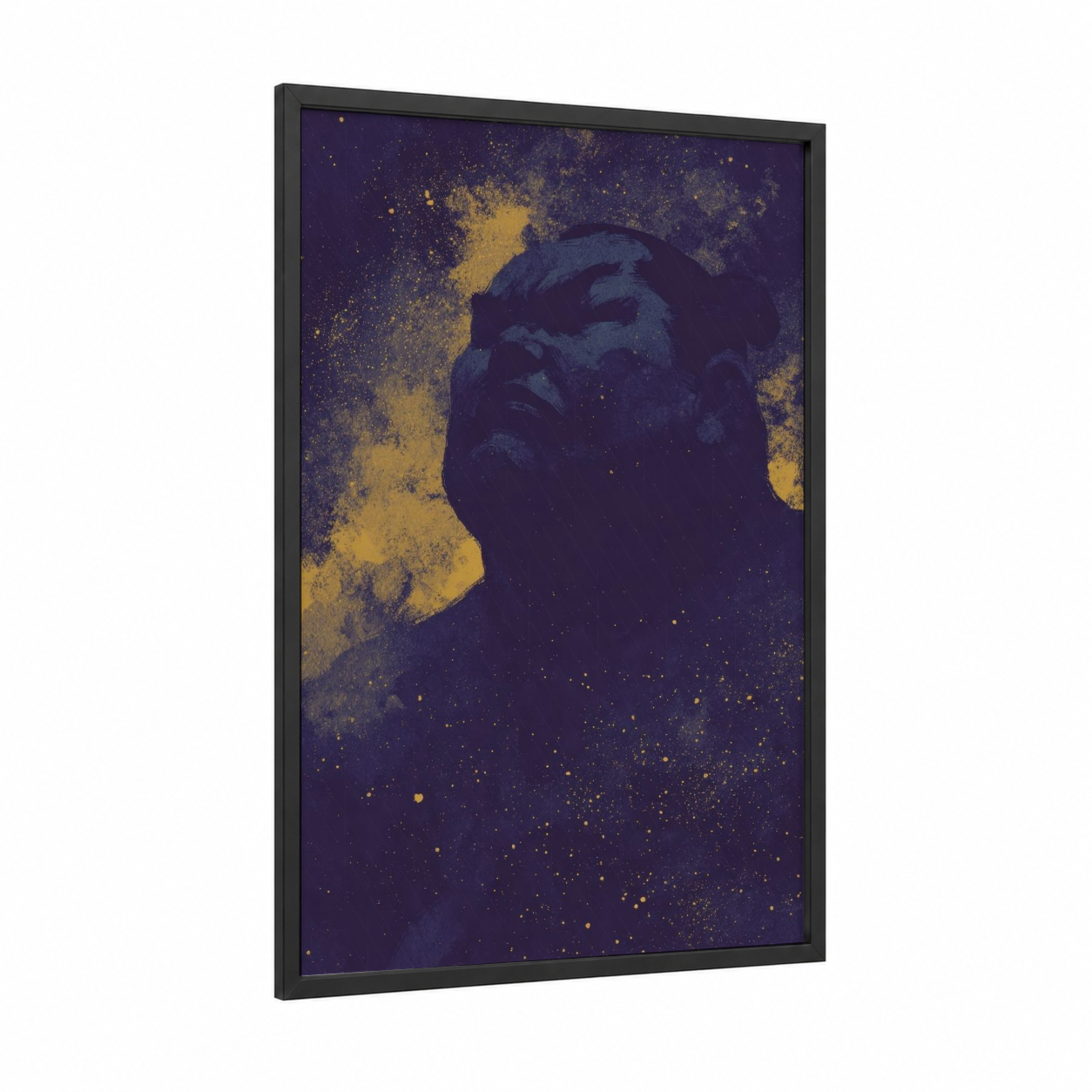 Cosmic Sumo framed art print — black wood frame — gold and royal blue palette